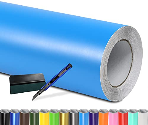 Folindo Autofolie Hell Blau Matt (23€/m²) - 50 x 152 cm – Selbstklebende Auto Lackschutzfolie mit Luftkanal Technik – Blasenfreie Auto Folierung inkl. Rakel & Cutter – Car Wrapping Folie
