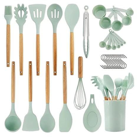 AHASON'S 33-Piece Kitchen Utensil Set with Holder – Mint Green Silicone Cooking Utensils with Wooden Handles, Non-Stick & Heat Resistant Kitchen Tools for Baking, Frying & Home Cooking