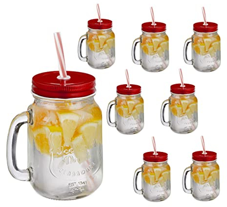 Relaxdays Trinkgläser, mit Deckel und Strohhalm, 8er Set Limonadengläser, 500 ml, Retro Sommergläser mit Henkel, rot
