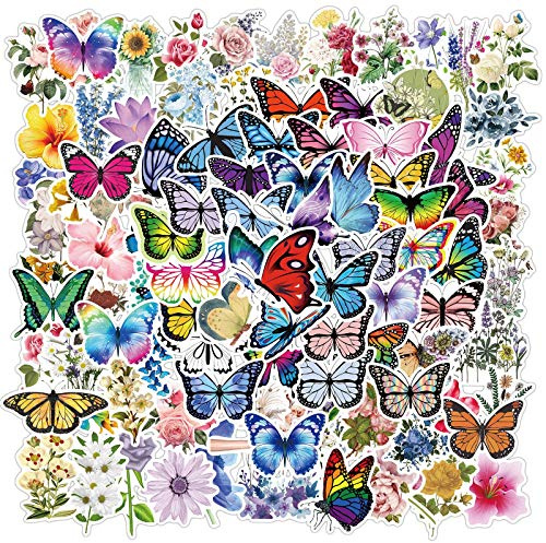 100 Stück ästhetische wasserdichte Vinyl-Anime-Aufkleber für Wasserflasche, Laptop, Kinder, Teenager, Mädchen, Jungen, Erwachsene (Schmetterlinge und Blumen)