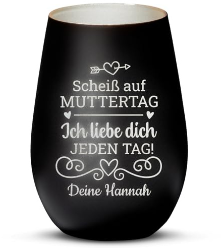 Love Faith personalisiertes Windlicht - Scheiß auf Muttertag - Schwarz | Stimmungsvolles Teelichtglas - Graviere einen Vornamen - Liebevolles Geschenk für Mama zu Muttertag oder Geburtstag