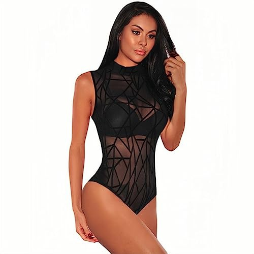 Rongseng Body Mujer Sexy Bodysuit de Malla Transparente Bodies sin Mangas Elástico Estampado Jumpsuit leotards Ropa Interior Elegante bodysuit Top para Fiesta