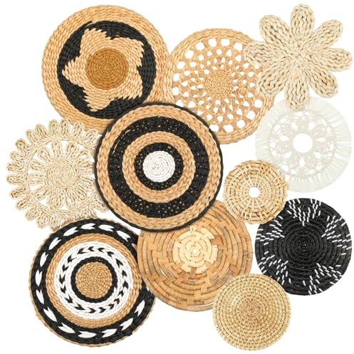 Tatuo 11 st boho väggkorg dekor dekorativ Bulrush vävd korg väggdekor boho väggkonst rund bondgård vägghängande korgar för rustika hem köksdekorationer, flera storlekar (vintage)