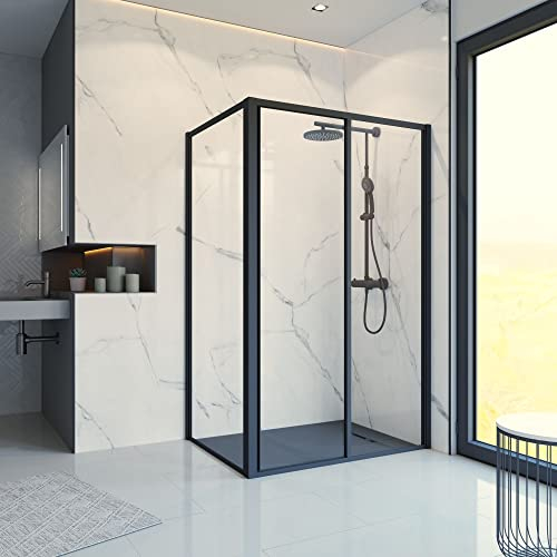 Schulte Sunny Duschschiebetür mit Seitenwand, 120 x 80 x 195 cm, mit schwarzen Profilen, 5mm transparentes Sicherheitsglas