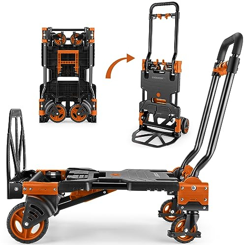 330LB Folding Hand Truck Heavy Duty Carrying, Combination of Four Wheels and Two Wheels Convertible Dolly Cart with Retractable Handle Dolly for Moving Office Carts(Orange)