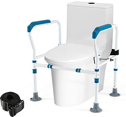 COSTWAY Supporto di Sicurezza Telaio Autonomo per WC, Blu | Supporto per WC Regolabile in Altezza e Larghezza con Cinghia di Fissaggio, Con Ventose Antiscivolo