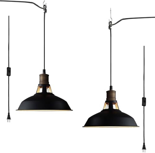 CLAXY Plug in Pendant Lights Adjustable Hanging Pendant Light Fixture with Black Barn Shade On/Off Switch Swag Pendant Lamp Set of 2