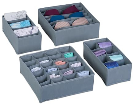 Relaxdays Schubladen Organizer, 4-teiliges Wäscheorganizer Set, für Kleiderschrank & Schublade, für Unterwäsche, grau