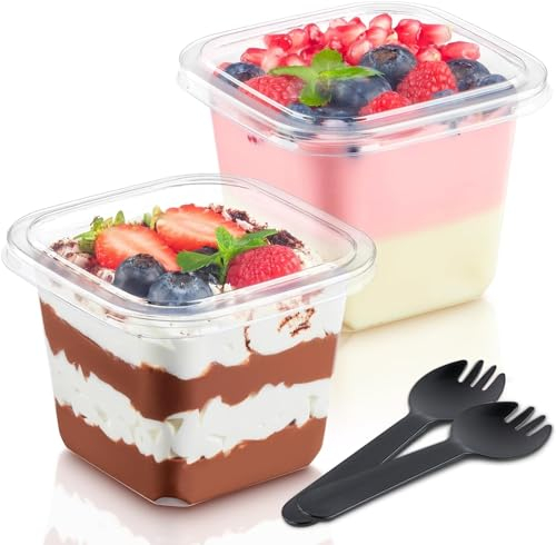Wubushan Monoporzione per Dolci, 50Pcs Coppette Plastica Dessert 360ml, Finger food con coperchio e Cucchiaio, Tazze da dessert trasparenti peril Gelato, Mousse, Tiramisù