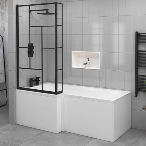 1700 x 850mm Left Hand L-Shaped Shower Bath Square Bathtub with Side Panel + Matt Black Abstract Grid Screen & Fixed Return Panel