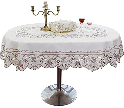 Yizunnu Mantel de Encaje Bordado Vintage Blanco Rosa Gris Floral Cubierta de Mesa de Lujo Cutwork Doily Ovalado (Flor Gris, 150 x 220 cm)