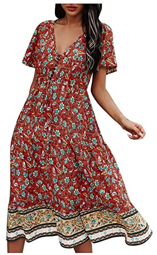 Sommer Kleid Damen Für Damen Frauen Mädchen Vintage Kleider Damen High Waist Elegant Minikleid Kleider Damen Festlich Elegant Träger Blumendruck Kleider Im-Stil Damen Elegant Sommerkleid