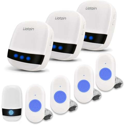 LIOTOIN Bouton d’Appel Téléavertisseur sans Fil Système d’Alarme d’Urgence pour Maison Personne Âgée Malade Handicapé 5 Émetteurs 3 Récepteurs, Plage de Fonctionnement 600+ Pieds