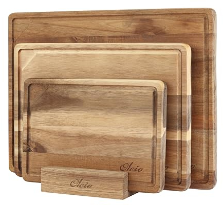 Oleio 3 teiliges Schneidebrett Holz Set I Holzbretter Küche aus Akazie (40×30, 33×24, 26×18 cm), 2 cm dicke Schneidebretter Holz mit Saftrille, Antirutsch & Halter I Cutting Board Schneidbrett Set