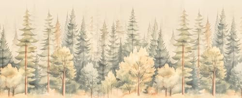 UNIK Nordic Vliestapete, BxH 450x280 cm, Tannenwald Beige Aquarell, Tapete Wald, Fototapete Baby- und Kinderzimmer, XXL Kindertapete in hellen Farben, Wandtapete Natur Motiv, Made in Germany