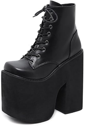 WEHAM Noir,38,Bottes gothiques noires à plateforme épaisse pour femmes, bottes de Combat gothiques à lacets à la cheville de 17cm, chaussures Punk à plateforme de Cosplay à talons hauts