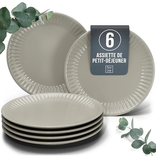 Set de 6 Assiettes à Petit-Déjeuner en Grès – Design HYGGE Scandi - Assiettes à Dessert et à Gâteau avec Design Rainuré - Assiettes Petites pour Salades - Vaisselle Pure Living en brun clair