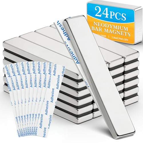 Grtard Pack of 24 60 x 10 x 3 mm Neodymium Magnets, Extra Strong, Strong Bar Magnet, Magnetic Strips, Rare Earth Magnets with Double-Sided Adhesive, Fridge Magnet for Multiple Use