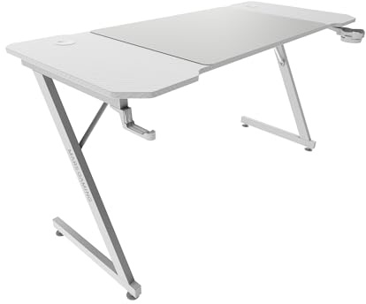 Mars Gaming MGD-X140, Mesa Gaming Ergonómica, Superficie en Fibra de Carbono, Estructura Metálica, Alfombrilla XXL, Soporte Auriculares y Bebida, Gestión Cableado, Escritorio PC 140x60cm, Blanco