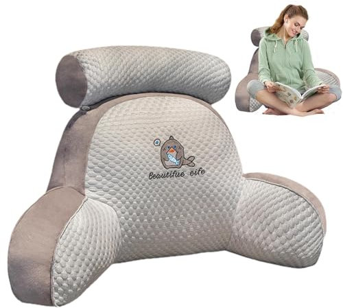 Lesekissen für Erwachsene Im Bett, Rückenkissen mit Armlehnen, Bettkissen Zum Sitzen Im Bett, Bücherkissen mit Abnehmbarer Nackenrolle & Waschbarem Bezug Rückenstütze Nackenstütze Kopfkissen