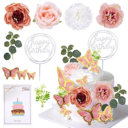 19PCS Boho Cake Decorations - Pink Flowers Cake Toppers Flowers Butterfly Cake Decoration Floral Cake Decorations Birthday Cake Decorating Toppers for Mothers Day Unique GiftsDay, Birthday, Wedding