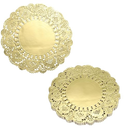 QUARKZMAN 50 Stück Tortenspitzen 14cm Rund Dekoratives Einweg-Tischset Gold | Tortendeckchen aus Spitzenpapier für Kuchen Desserts Lebensmitteldekoration Hochzeit Geburtstag