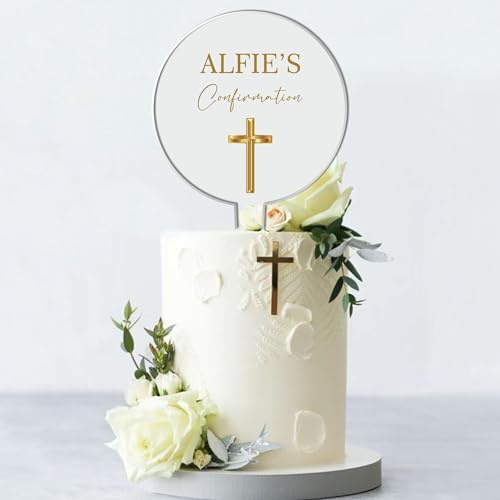 Personalised Acrylic Cake Topper for Christenings Confirmations Holy Communions – Custom Child’s Name in 7 Colours with Gold Cross Design (Confirmation, Grey)