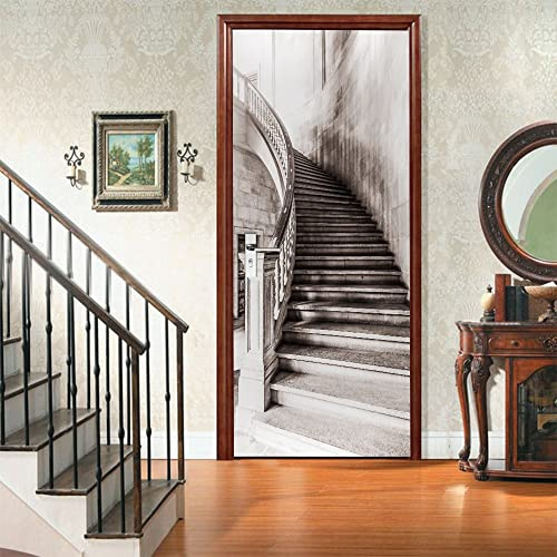 Türtapete Selbstklebend Türfolie Schwarze Treppe Türaufkleber Wandbild PVC Türtattoos Türposter Fototapete für Wohnzimmer Schlafzimmer Küche Toilette Türdeko 90x200 cm