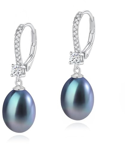 YAMI Damen-Perlenohrringe, 8mm Süßwasser-/Salzwasser-Zuchtperlen, Weiß/Schwarz/Rosa-Lila, Perlenohrringe Silber 925, Hypoallergene Ohrringe, Damenschmuck-Geschenk, für Jeden Anlass Geeignet