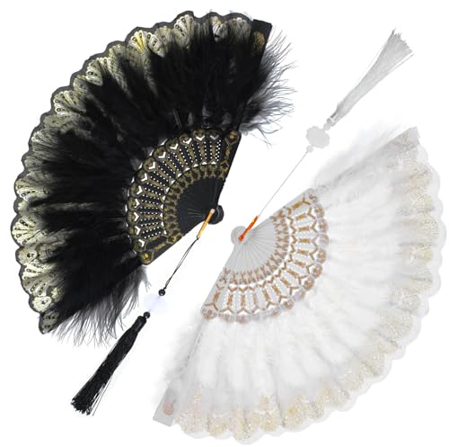 Grevosea 2 Pieces Marabou Feather Fan, Vintage Feather Hand Fan, Embroidered Flower Marabou, 1920s Style Folding Fans for Costume Party Dancing Wedding Decor Black and White
