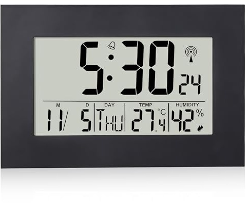 BAIFULAI Horloge murale numérique avec grand écran LCD : horloge murale numérique en ABS avec réglage automatique de l'heure, réveil radio-piloté numérique avec température, humidité et alarme et
