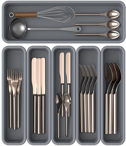 K KORKUAN Besteckkasten für Schubladen, DIY Schubladen Organizer Küche, Silikon Cutlery Organizer, 6er-Pack, Feuchtigkeits und Hitzebeständig bis 200 °C, Rutschfest (Grau)
