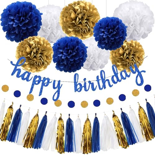 26 Stück Pompons Deko, Seiden Pompons, Quasten Deko, Geburtstags Dekoration, Quasten Girlande, Papierblumen Dekoration, Königsblau, Weiß, Gold, Geburtstags Feiern, Weihnachten, Hochzeitsfeiern