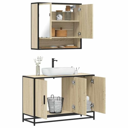 IBUQDDV Mobile Bagno Moderno con Specchio e Lavabo, Struttura Metallo Industriale, Truciolato Resistente Umidità, Colore Rovere Sonoma, Montaggio a Parete, Ampio Spazio