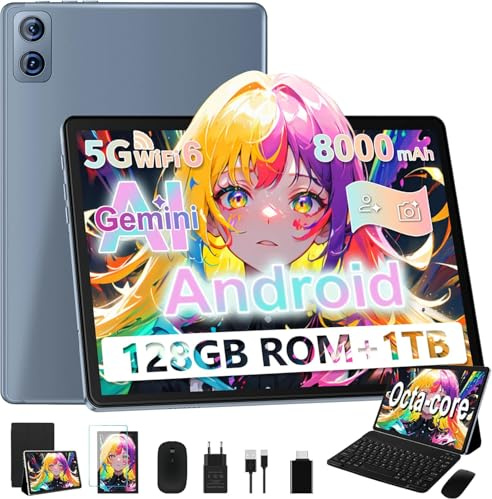 Dghrti Tablet 10 Pulgadas Android, 22GB RAM+128GB ROM (1TB TF), CPU Octa-Core, 8000mAh, Widevine L1, Dual WiFi, BT 5.0, Face ID, 5MP+8MP, con Carcasa MetÃlica, Teclado y Ratón-Grey