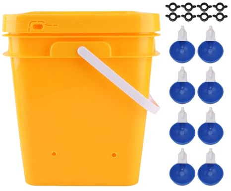 WAHEWUD Vattenkoppar för kyckling, matarsats för fjäderfävatten, 12 L stor kapacitet Gravity Automatisk fyllning Robust plastgummiringtätning, ankvattnare för fågelvaktelduva (Bucket + Big Blue Bowl