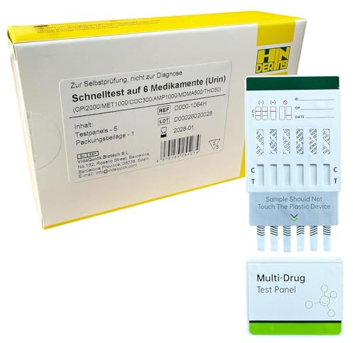 6-fach Drogentest Urin – Multi Test Panel für zuhause – THC Amphetamin Kokain Opiate MDMA Methamphetamin – 5 Tests