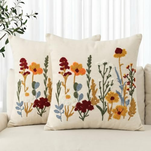 Artoid Mode Chain-stitch Flower Daisy Autumn Cushion Covers 45x45 cm 2PCS | Antique Herbs Seasonal Fall Decorative Pillow Case Cover Sofa Living Room Decor