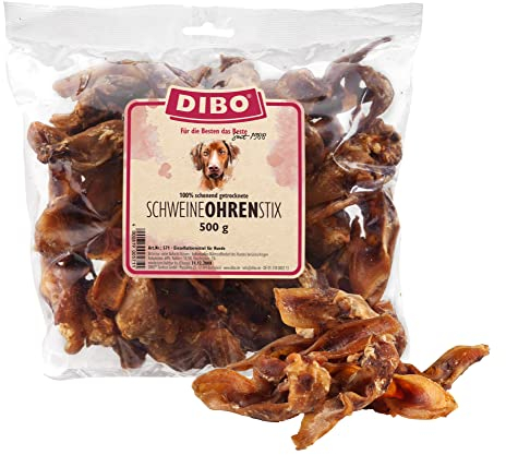DIBO Schweine-Ohren-Stix, 500g-Beutel, der kleine Naturkau-Snack oder Leckerli für Zwischendurch, Hundefutter, Qualitätskauartikel ohne Chemie