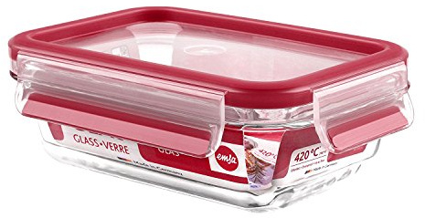 EMSA Clip & Close Glas Frischhaltedose, rechteckig, 0,5 L, 100 Prozent dicht, rutschfestes Stapeln, Glasbehälter spülmaschinen-, gefrier-, backofen-, mikrowellenfest, Transparent, Blau, 513918