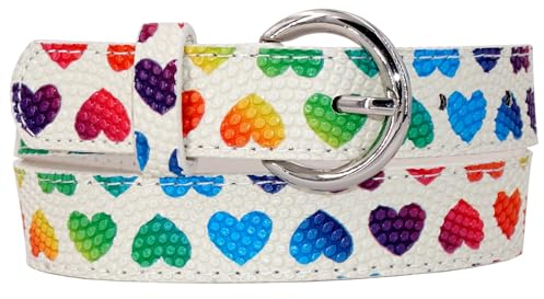 EANAGO Gürtel >REGENBOGEN< für Kinder von ca. 3-12 Jahren – moderner bunter Mädchengürtel mit Herzen – Verstellbar von 52-67 cm – weiß, mit bunten Herzen