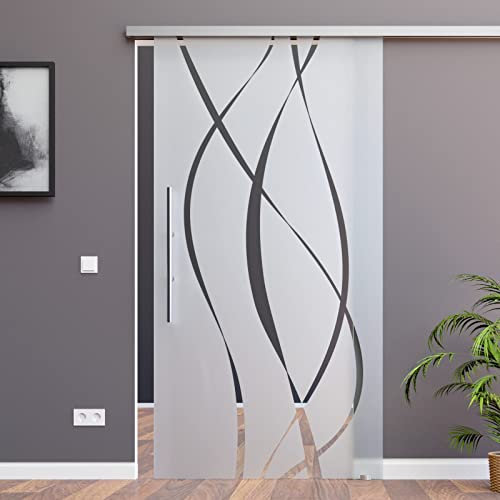 Schiebetürsystem ESG Dekor matt mit klare geschwungene Streifen M6 mit 30mm Wandabstand (775 x 2050 mm, Soft-Close Selbsteinzug Slimline Alu-Schinensystem mit Griffstange 600mm rund Wandseite Flach)