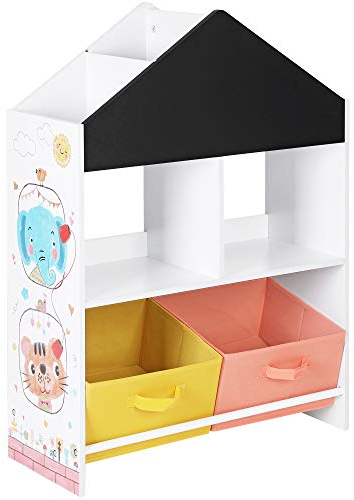 SONGMICS Bücherregal, Standregal, Aufbewahrungsregal mit schwarzer Tafel, multifunktionale Aufbewahrungsboxen, Ablage, weiß, schwarz, orange und gelb GKR320W01