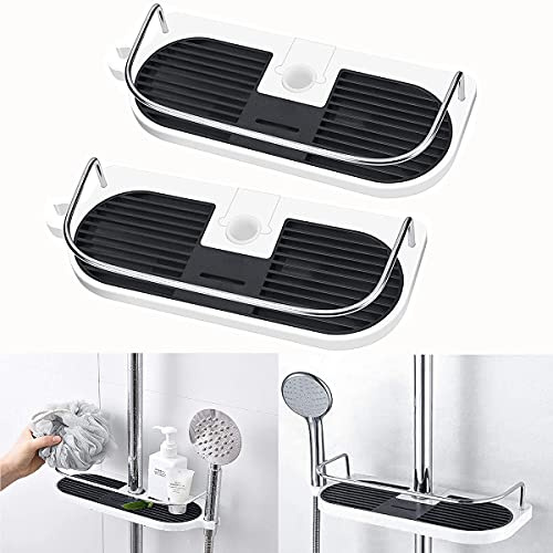 Lot de 2 étagères de douche sans perçage avec crochets, pour barre de douche ronde de 18 mm à 25 mm – Support de salle de bain pour savon, shampooing, après-shampoing