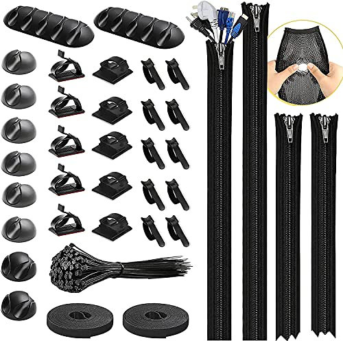 136-teiliges Kabelmanagement-Organizer-Set, 4 Kabelhülsen mit Reißverschluss, 20 Kabelclips, selbstklebende Halterung, 10 Klett-Kabelbinder, 100 Kabelbinder, Büro, Zuhause