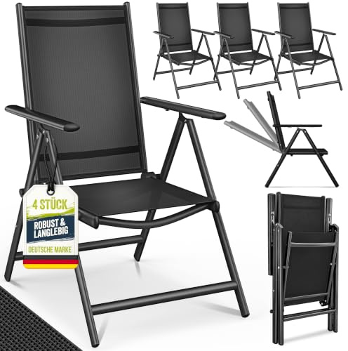 tillvex® Gartenstuhl 4 Stück klappbar mit Armlehnen | 7-Fach Verstellbar | Hochlehner Klappstuhl aus Aluminium | Campingstuhl Klappbar, Wetterfest & Atmungsaktiv | Gartenstühle Balkon Garten Terrasse