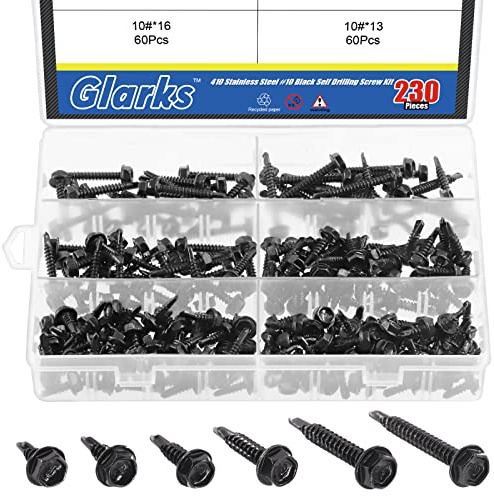 Glarks 230Pcs 410 Stainless Steel #10 Hex Washer Head Self Drilling Screws Assortiment Kit 6 Size Black #10x1/2, 10x5/8, 10x3/4, 10x1 0x1-1 /4 Zoll, 10 x 3,8 cm Blechschrauben mit Bohrspitze