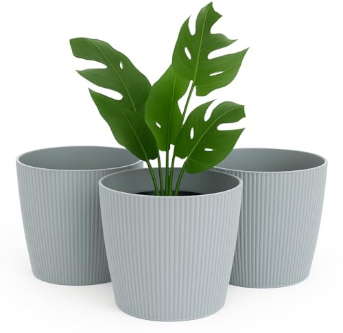 Home Garden Ornaments Blumentopf Set 3er – Kunststoff Übertopf, geriffeltes Design, modern & dekorativ, für Zimmerpflanzen (13,5 cm, Grau)