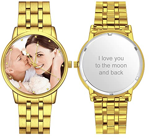 VEELU Personalisierte Foto Armbanduhr für Herren Uhr mit Foto Analog Metallarmband in Silber/Rosegold Klassisch Zifferblatt Wasserdicht