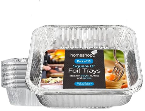 HOMESHOPA Aluminium Foil Trays, 8 Inch 15 Pack Square Disposable Tin Foil Containers, Best for Meal Prep, Baking, Broiling, Roasting, Freezing & Food Storage Takeaway Tins, Oven Freezer Safe